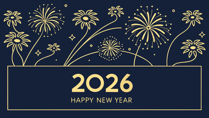 Elegant 2026 happy new year celebration with golden fireworks and floral decorations on a dark blue background, perfect for festive greeting cards and party invitations