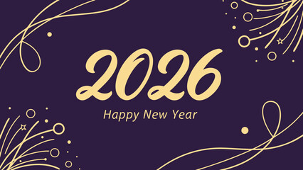 Elegant 2026 new year banner with golden text and decorative fireworks on a purple background, ideal for festive celebrations, greeting cards, and holiday events