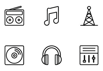 Collection of music and broadcast icons isolated on a white background