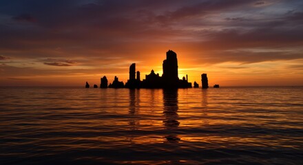 Silhouette rock formations rise from water at vibrant sunset