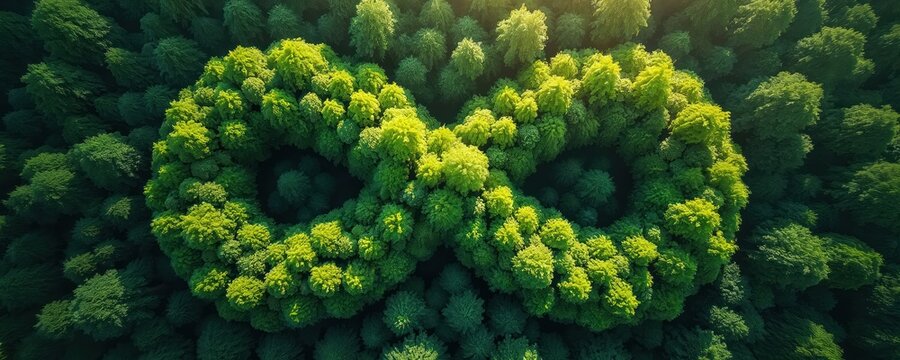 Aerial view of vibrant green forest forming infinity symbol, representing sustainable future, continuous growth. Trees create natural, eco-friendly cycle concept for planet earth, environmental
