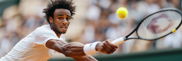 A young Black male tennis player lunges to hit a ball on the court, capturing the intensity of the match.