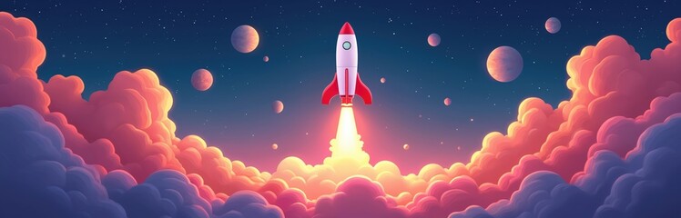 Rocket launches into space through colorful clouds amid planets, stars. Illustration captures bold beginnings, technological advancement. Ideal for startup companies, science, innovation themes.