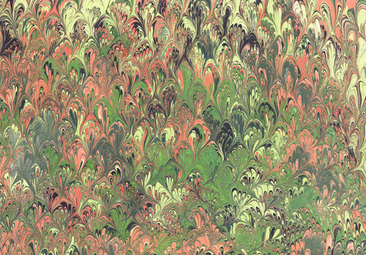 High resolution scan of vintage decorative endpaper with green and coral peacock marble design