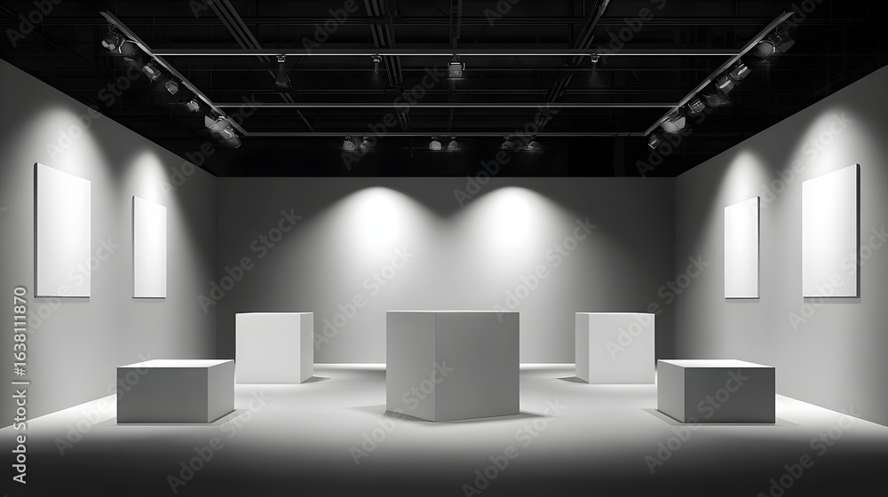 Poster empty gallery space with blank canvases and display platforms.