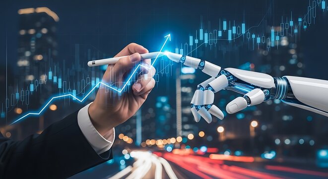 A human hand and a robotic arm collaborate to draw a rising stock market graph over a cityscape at night.