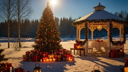 Outdoor Christmas decorations in a snowy landscape. A decorated tree with gifts and a lit gazebo create a festive holiday atmosphere at sunset. - Powered by Adobe