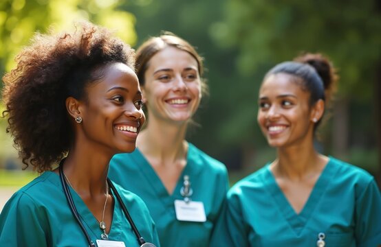 Three diverse smiling female nurses in green scrubs stand together, likely during training education at campus. Show teamwork, communication, confidence in healthcare careers. Image signifies