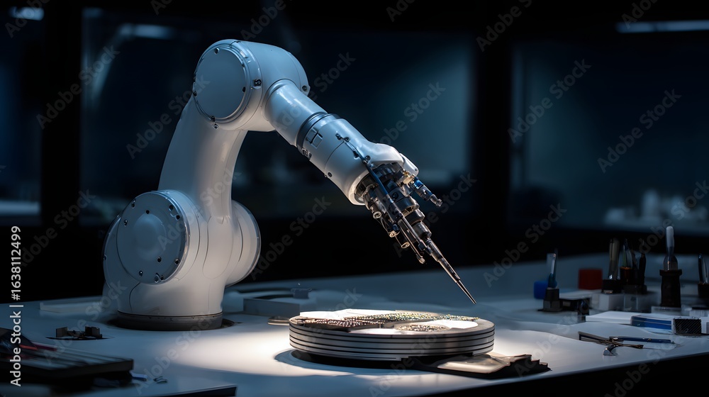 Poster precision robotic arm working on a circuit board.