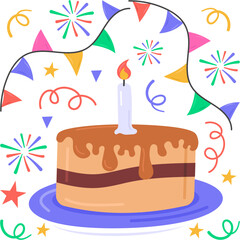 This image depicts a festive birthday celebration, featuring a cake with a lit candle surrounded by colorful party decorations like streamers, confetti, and stars