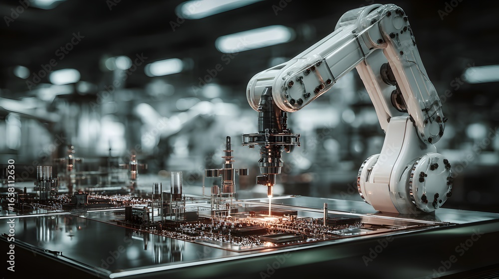 Aufkleber robotic arm working on a circuit board in a factory.