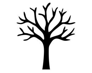 Monochrome silhouette of a tree with bare branches against a white background