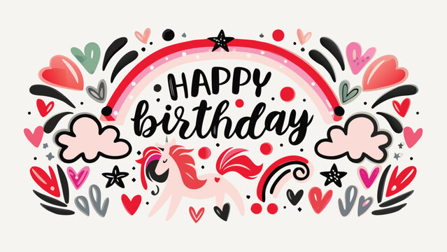 Happy birthday card with unicorn, rainbow, hearts, clouds and stars in watercolor style illustration