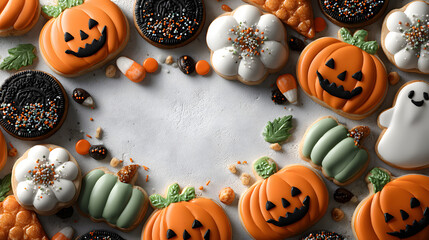 Halloween baking scene with pumpkin-shaped cookies, icing, sprinkles, and candy on white table, top view. trick or treat Halloween dessert concept. 