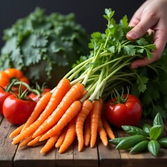  Fresh Garden Vegetables. Hands Reaching for a Bunch of Carrots and Parsley with Tomatoes and Greens.