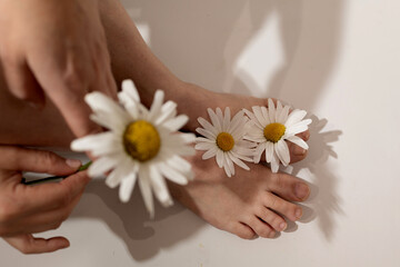 A person gently holds daisies while their bare feet rest on a flat surface. The focus emphasizes...