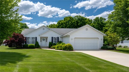 White house with manicured lawn and shrubs under a partly cloudy sky.