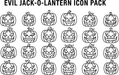 Line art illustration of evil jack o lanterns arranged in a grid pattern
