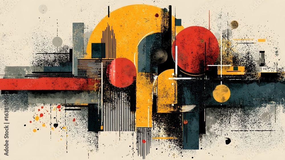 Poster a vibrant dynamic abstract composition featuring geometric shapes bold colors and layers of lines an