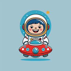 Fototapeta premium A happy cartoon astronaut happily driving a whimsical spaceship UFO while exploring the wonders of a colorful and lively outer space.