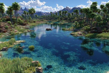 Serene oasis valley with turquoise water and palm trees