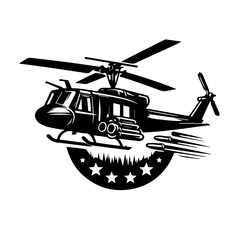 Obraz premium A stylized black and white graphic of a military helicopter in flight, with a circular emblem of stars.