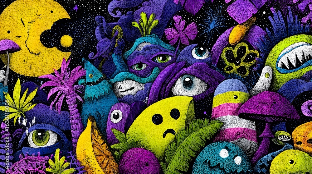 Poster a vibrant fantastical illust n featuring a surreal abstract composition of colorful shapes patterns 