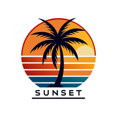 sunset logo sun and palm tree vector art illustration