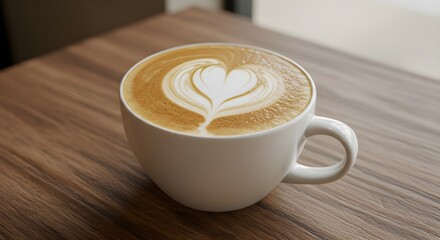Cup of latte with heart-shaped foam on a wooden café table