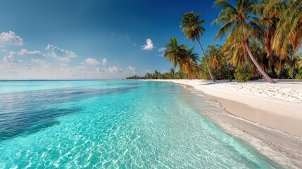 Fototapeta premium Crystal-clear turquoise waters with palm trees on a white sandy beach, isolated on a white background
