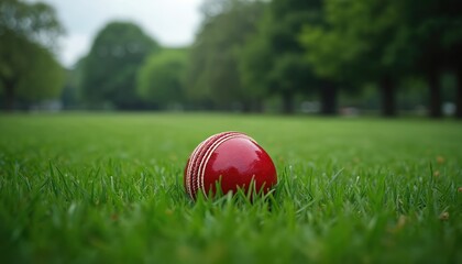Red cricket ball rests on rich green grass in park. Cloudy day, serene environment. Ball sits on grass field, suggesting sport, game, recreation, hobby, tradition, training, and competition.
