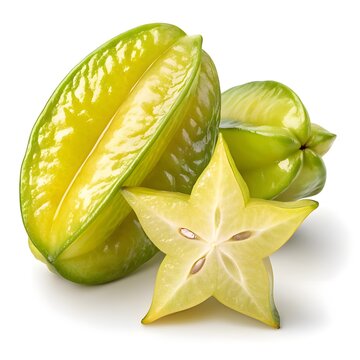 B16 Starfruit Lustrous Golden Yellow Tropical Star with Smooth Gloss Finish and Perfect Geometric Points on Pure White Background