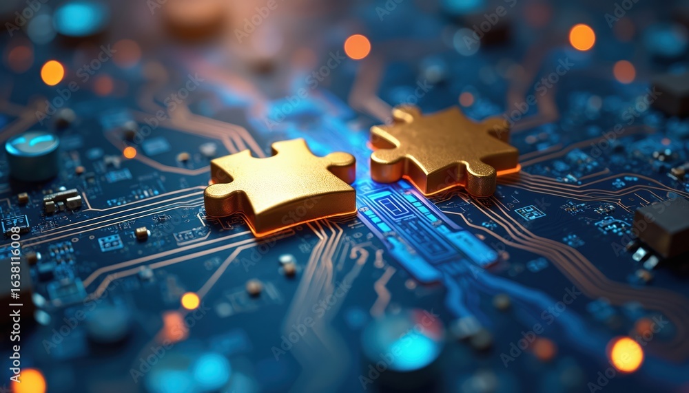 Poster golden puzzle pieces connect on a blue circuit board representing technology integration and problem