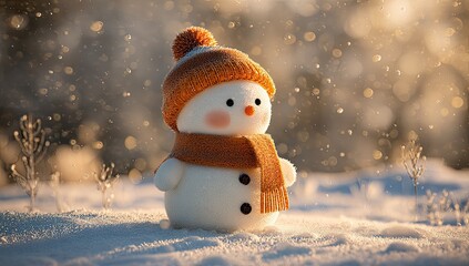 Snowy snowman in orange hat and scarf