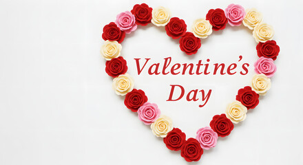 Obraz premium Romantic heartshaped frame of red pink and cream foam roses with Valentines Day text.