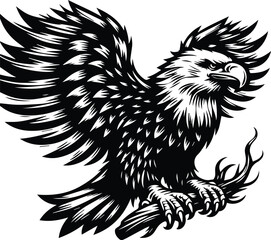 Obraz premium Majestic Eagle Perched on Branch, Black and White Illustration