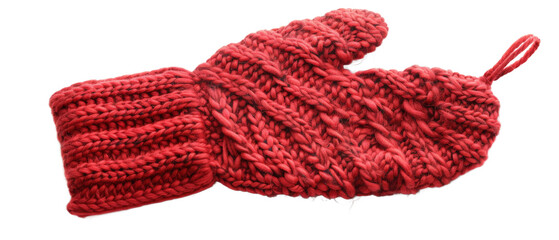 A vibrant red knitted oven mitt displayed against a white background, showcasing its intricate texture and design, ideal for kitchen use and culinary activities
