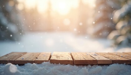 Wooden table surface covered in snow, set against soft blurred winter forest background with falling snowflakes. Warm sunlight creates cozy, festive atmosphere, perfect for product displays,
