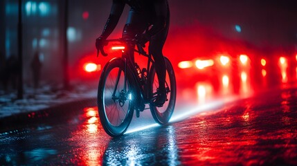 A cyclist is illuminated by vibrant red and blue lights while riding on a wet city street at night, showcasing a dynamic and energetic urban scene at speed.