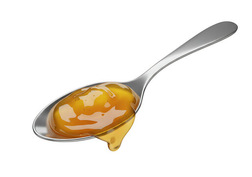 Metal measuring spoon filled with golden caramel sauce isolated on transparent background tablespoon sign