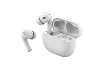 White wireless earbuds with charging case isolated on transparent background