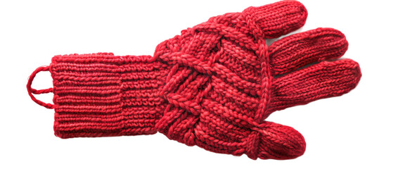 A vibrant red knitted glove displayed on a white background, showcasing intricate patterns and textures, ideal for winter fashion and outdoor activities