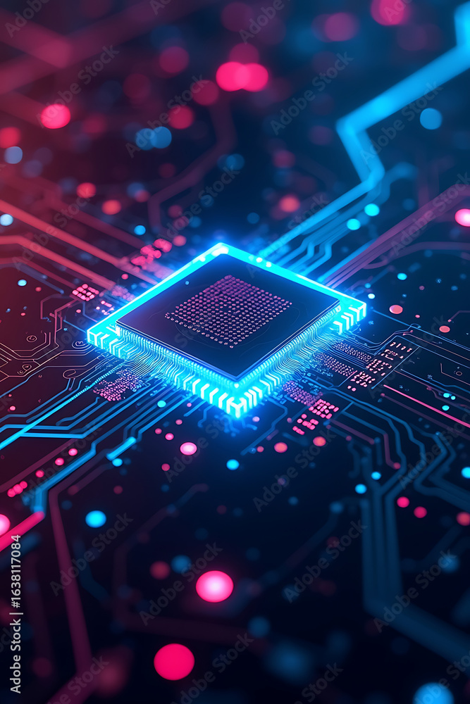 Poster close-up of a glowing blue computer chip on a circuit board with red and blue light patterns.