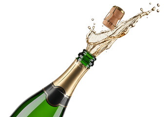 Champagne bottle cork pops with a splash of liquid isolated isolated on transparent background