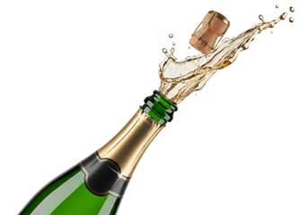 Champagne bottle cork pops with a splash of liquid isolated isolated on transparent background