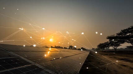 Solar panels at sunrise with interconnected network graphic.