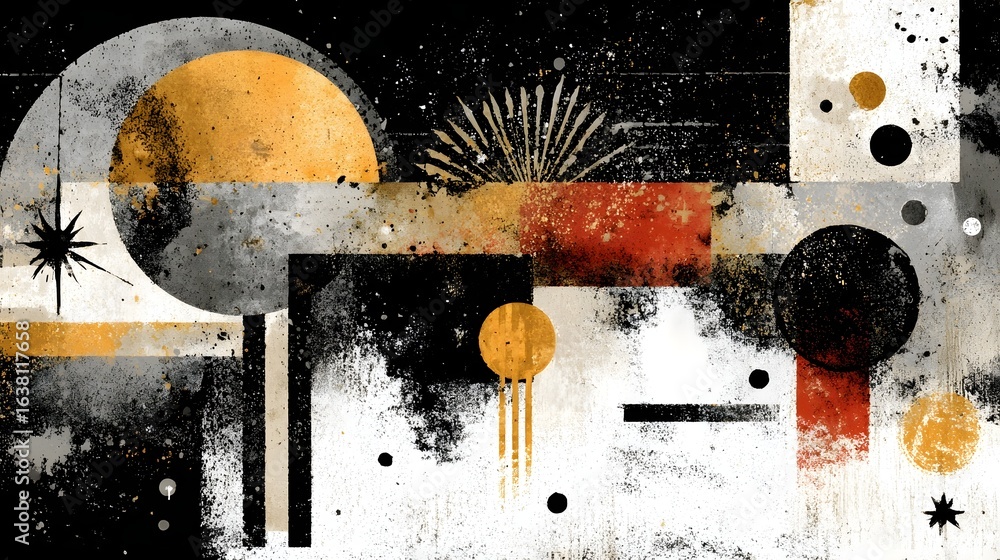 Poster a visually striking abstract composition featuring geometric shapes moons suns and celestial element