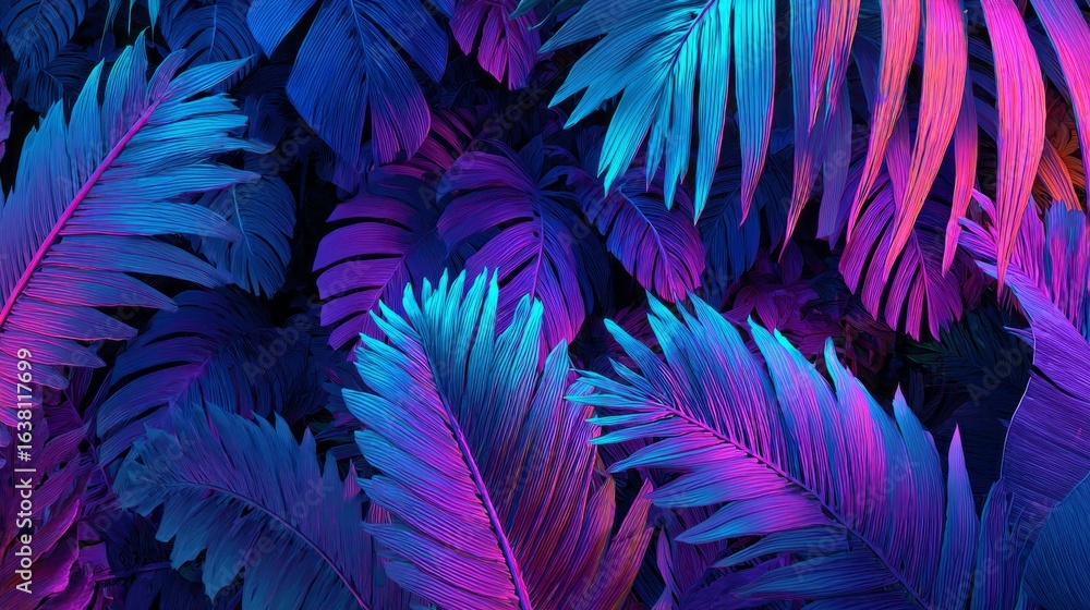 Poster lush tropical leaves display a stunning array of colors, blending shades of blue and purple while cr