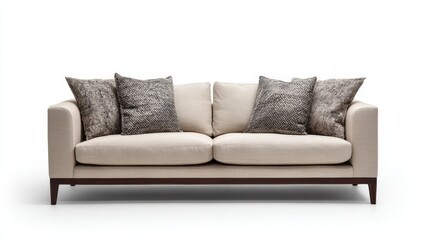 Contemporary living room with a simple sofa and neutral accents, isolated on a white background