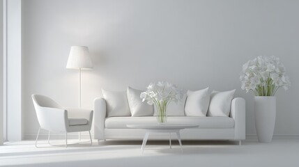 Contemporary living room with minimalist furniture and soft lighting, isolated on a white background